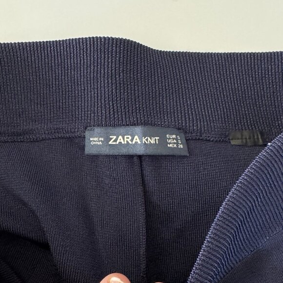 Zara Knit Wide Leg Crop Pant High Waist Blue Lace Trim Stretch Ankle Culottes S - Picture 4 of 11